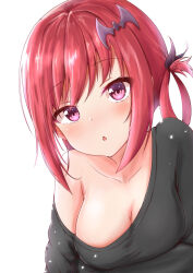 Rule 34 | 1girl, :o, artist request, bat hair ornament, black shirt, blush, breasts, cleavage, collarbone, gabriel dropout, hair ornament, large breasts, long hair, long sleeves, looking at viewer, off shoulder, purple eyes, red hair, ribbon, satanichia kurumizawa mcdowell, shirt