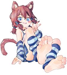1girl animal_ear_fluff animal_ears arm_warmers barefoot blue_eyes cat_ears cat_girl cat_tail chaosexceed commentary full_body highres leg_warmers looking_at_viewer open_mouth original paid_reward_available red_hair short_hair simple_background soles solo tail teeth toes upper_teeth_only w white_background