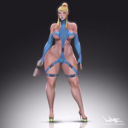 belt blonde_hair blue_eyes blue_lips blue_nails blush breasts breasts_apart bursting_breasts deep_skin elbow_gloves feet fingerless_gloves gloves high_heels large_breasts latex long_hair metroid muscular muscular_female nail_polish nintendo pinkdrawz platform ponytail revealing_clothes samus_aran see-through_clothes see-through_footwear sidelocks thick_lips thick_thighs thighs toenail_polish toenails