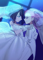 Rule 34 | 2girls, absurdres, black hair, blue eyes, bridal gauntlets, bridal veil, dancing, dot (pokemon), dress, eye contact, female focus, formal clothes, gloves, hair pulled back, hand around waist, highres, holding hands, indoors, jewelry, liko (pokemon), looking at another, medium hair, multiple girls, night, nintendo, plus ta, pokemon, pokemon (anime), pokemon horizons, purple eyes, purple hair, ring, see-through clothes, see-through veil, smile, sparkle, suit, tiara, veil, wedding dress, wedding ring, white dress, white gloves, white suit, wife and wife, yuri