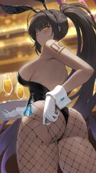 1girl absurdres alcohol animal_ears ass backless_leotard black_hair black_leotard blue_archive blurry blurry_background blush breasts champagne champagne_flute commentary cup dark-skinned_female dark_skin drinking_glass fake_animal_ears fishnet_pantyhose fishnets gloves gradient_hair hair_between_eyes halo highleg highleg_leotard highres holding holding_tray indoors karin_(blue_archive) karin_(bunny)_(blue_archive) large_breasts leotard long_hair looking_at_viewer looking_down multicolored_hair number_tattoo official_alternate_costume pantyhose parted_lips playboy_bunny ponytail purple_hair purple_halo rabbit_ears reiji-rj shoulder_tattoo side-tie_leotard sidelocks solo strapless strapless_leotard tattoo teeth thong_leotard torn_clothes torn_pantyhose tray twisted_torso very_long_hair white_gloves white_wrist_cuffs wrist_cuffs yellow_eyes