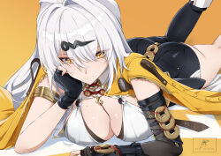 1girl arm_rest artist_name ass asymmetrical_gloves between_breasts black_gloves black_shorts black_thighhighs breasts chark14 cleavage coin coin_on_string collared_shirt commentary elbow_rest english_commentary fingerless_gloves gloves gold_armlet hair_between_eyes hair_intakes hair_ornament hand_on_own_cheek hand_on_own_face highres large_breasts light_blush long_hair looking_at_viewer lying mole mole_on_breast on_floor on_stomach shirt shorts signature single_thighhigh smile solo thighhighs uneven_gloves very_long_hair vest white_hair white_shirt yellow_background yellow_vest yi_xuan_(zenless_zone_zero) yin_yang_pin zenless_zone_zero