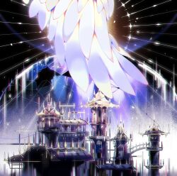 1other balcony broken_glass castle energy_barrier feathers feet_out_of_frame glass highres hollow_knight in-universe_location radiance_(hollow_knight) rdif_hk star_(sky) white_feathers wide_shot window