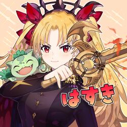 Rule 34 | 1girl, black shirt, blonde hair, closed mouth, commentary, commission, crossover, earrings, ereshkigal (fate), eyelashes, fangs, fate/grand order, fate (series), fire, gen 1 pokemon, highres, holding, holding sword, holding weapon, ivysaur, jewelry, long hair, looking at viewer, nintendo, pink background, pokemon, pokemon (creature), red eyes, shirt, sparkle, sword, translation request, twintails, upper body, weapon, yasaikakiage