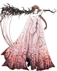 Rule 34 | 1girl, aerith gainsborough, alternate costume, braid, braided ponytail, breasts, brown hair, cleavage, commentary, dress, english commentary, eyelashes, final fantasy, final fantasy vii, final fantasy vii remake, hair intakes, highres, holding, holding scythe, long dress, long hair, looking at viewer, pink dress, red lips, scythe, serinigalini, simple background, solo, sparkle, white background