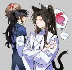 Rule 34 | 2boys, animal ears, black hair, black hanfu, brown hair, cat ears, cat tail, censored, censored thought, chinese clothes, chu wanning, closed mouth, crossed arms, erha he tadebai mao shizun, grey background, hanfu, heart, high ponytail, highres, hotae, implied yaoi, kemonomimi mode, long hair, looking at another, male focus, mo ran, mosaic censoring, motion lines, multiple boys, partially shaded face, ponytail, purple eyes, simple background, speech bubble, standing, tail, thought bubble, white hanfu, xiao guan (headdress), yellow eyes