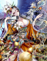 1girl architecture black_hair branch breasts castle cherry_blossoms cleavage collarbone east_asian_architecture female_focus floral_print flower folded_fan folding_fan full_moon gourd hair_flower hair_ornament hair_ribbon hand_fan highres holding japanese_clothes lace-trimmed_sleeves lace_trim large_breasts light_smile lily_(flower) lips liquid long_hair looking_at_viewer midriff mitsunari_miyako moon navel night night_sky obi original outdoors outstretched_hand palace petals purple_eyes ribbon sash sky solo spilling tassel wide_sleeves