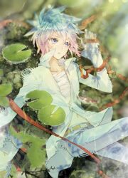 1girl bandages blue_eyes blue_hair flat_chest from_above gradient_eyes gradient_hair jueshitangmen long_sleeves looking_to_the_side lotus_leaf lying multicolored_eyes multicolored_hair pants pink_eyes pink_hair red_ribbon ribbon shirt short_hair tomboy wangdong_(jueshitangmen) white_shirt