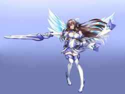 1girl bare_shoulders blue_background boots breasts brown_eyes brown_hair cleavage covered_navel detached_sleeves dress elbow_gloves exs-tia floating_hair full_body gloves gradient_background gunblade hair_between_eyes high_heel_boots high_heels highres holding holding_sword holding_weapon katsuragi_marina kouyoku_senki_exs-tia kozu_rokuta large_breasts long_hair lusterise skirt solo standing sword thigh_boots thighhighs very_long_hair weapon white_gloves wings zettai_ryouiki