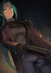Rule 34 | 1girl, black eyes, black gloves, brown coat, chuuou higashiguchi, coat, denim, double-barreled shotgun, glasses, gloves, green hair, gun, highres, holding, holding gun, holding weapon, injury, jeans, long hair, long sleeves, looking at viewer, makeup, nitroplus, non-web source, official art, outstretched arm, pants, rimless eyewear, sawed-off shotgun, saya no uta, shirt, short hair, shotgun, smile, solo, stab, tanbo ryouko, trench coat, weapon, zipper pull tab