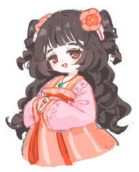 1girl :d absurdres brown_eyes brown_hair chinese_clothes flower hair_flower hair_ornament half_updo hanfu highres jewelry limbus_company long_hair long_sleeves looking_at_viewer necklace open_mouth orange_flower orange_hanfu pink_robe pink_sleeves project_moon robe sac_0120 simple_background smile solo twintails upper_body white_background xue_baochai_(project_moon)