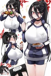 !? 1girl black_hair black_wings blue_archive blue_jacket blue_shorts blush breasts choker closed_mouth collarbone eating feathered_wings food hair_between_eyes halo hasumi_(blue_archive) hasumi_(track)_(blue_archive) high_ponytail highres huge_breasts jacket long_hair long_sleeves looking_at_viewer low_wings mole mole_under_eye monkey_jon multiple_views open_mouth ponytail red_eyes shirt shish_kebab short_shorts shorts skewer smile sparkle sparkling_eyes takoyaki tearing_up very_long_hair weighing_scale white_shirt wings