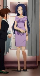 Rule 34 | akizuki ritsuko, blue hair, bracelet, brown hair, dress, glasses, high heels, highres, idolmaster, idolmaster (classic), jewelry, mirror, miura azusa, stitched, third-party edit