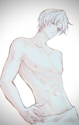 Rule 34 | 1boy, artist name, closed mouth, hand on own hip, hashtag-only commentary, highres, kikizhouu, looking at viewer, male focus, muscular, muscular male, naked towel, navel, nipples, short hair, solo, tears of themis, towel, vyn richter (tears of themis), white background, white hair, yellow eyes