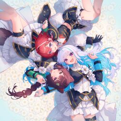 Rule 34 | 3girls, :3, :d, aiguillette, ange katrina, animal ears, animal hair ornament, armband, black cape, black gloves, black shirt, black skirt, blue armband, blue eyes, blue hair, blue nails, blunt bangs, braid, breasts, brown hair, brown tail, cape, collar, collared shirt, colored inner hair, commentary, crossed bangs, cup hair ornament, dog ears, dog tail, eyelashes, flat chest, floating cape, floating hair, floral background, flower, frilled collar, frilled skirt, frills, gloves, gold trim, gradient eyes, green nails, hair between eyes, hair intakes, hair ornament, hair ribbon, hair spread out, hand up, heterochromia, highres, idol clothes, inui toko, kutori pan&#039;ya, layered shirt, layered skirt, light blush, lize helesta, long hair, long sidelocks, long sleeves, looking at viewer, low twin braids, medium hair, midriff, multicolored eyes, multicolored hair, multiple girls, nail polish, nijisanji, nijisanji idol uniform, open mouth, print cape, puffy long sleeves, puffy sleeves, purple eyes, red eyes, red hair, red ribbon, ribbon, sanbaka (nijisanji), shadow, shirt, side cape, sidelocks, signature, silver tiara, skirt, sleeve cuffs, small breasts, smile, star (symbol), star print, streaked hair, symbol-only commentary, tail, teeth, thigh strap, tiara, triangle hair ornament, twin braids, two-tone hair, upper teeth only, very long hair, virtual youtuber, watermark, white flower, white hair, white shirt, white skirt, yellow eyes
