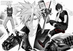 Rule 34 | 3boys, aries20770321, arm up, artist name, bare shoulders, black boots, black gloves, black hair, black pants, black shirt, black vest, boots, car, cellphone, character name, cloud strife, crossed legs, english text, fenrir (final fantasy), final fantasy, final fantasy vii, final fantasy vii advent children, final fantasy xv, fingerless gloves, flip phone, full body, fusion swords, gloves, goggles, hair between eyes, head on hand, highres, holding, holding sword, holding weapon, in-franchise crossover, motor vehicle, motorcycle, multiple boys, multiple views, noctis lucis caelum, pants, phone, photo (object), polaroid photo, popped collar, print pants, prompto argentum, shirt, short hair, short sleeves, single fingerless glove, spiked hair, sword, t-shirt, text messaging, upper body, vest, weapon, yaoi