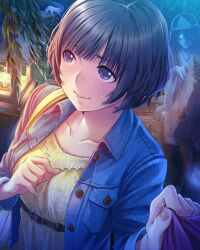 1girl anegasaki_nene bag bamboo belt belt_buckle blue_jacket breasts brown_belt brown_hair buckle candle clenched_hand closed_mouth collarbone dutch_angle fingernails floral_print from_above ghost glowing glowing_eye grass hands_up highres jacket japanese_clothes kimono long_sleeves looking_to_the_side love_plus mole mole_under_eye nervous nervous_sweating night official_alternate_hairstyle official_art open_clothes open_jacket purple_eyes right-over-left_kimono shiroshouzoku shirt short_hair shoulder_bag solo sweat triangular_headpiece upper_body well white_kimono yellow_bag yellow_shirt