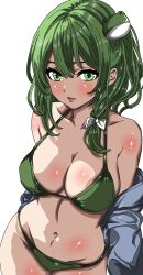 1girl alternate_costume bikini blush bow breasts cleavage collarbone double-parted_bangs frog_hair_ornament green_bikini green_eyes green_hair hair_bow hair_intakes hair_ornament highres higurashi0720 kochiya_sanae large_breasts looking_at_viewer medium_hair navel off-shoulder_jacket off_shoulder open_mouth shiny_skin simple_background single_sidelock solo stomach swimsuit touhou upper_body white_background white_bow