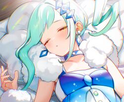 1girl arm_warmers blue_collar blue_vest blush closed_eyes collar collarbone commentary_request earrings ekm eyelashes fur_scarf green_hair hair_ornament hand_up jewelry lisia_(pokemon) long_hair lying nintendo on_back parted_lips pokemon pokemon_oras scarf sidelocks sleeping solo upper_body vest white_scarf
