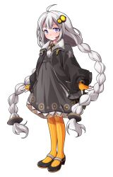1girl ahoge arms_at_sides black_jacket black_shoes blue_eyes blush braid bright_pupils closed_mouth collared_dress commentary_request dairi dress fingerless_gloves flat_chest full_body gloves grey_dress hair_between_eyes hair_intakes hair_ornament high_heels jacket kizuna_akari large_variant_set long_hair long_sleeves mary_janes microphone open_clothes open_jacket orange_gloves orange_pantyhose pantyhose pink_pupils shoes solo standing star_(symbol) star_print striped_clothes striped_gloves striped_pantyhose tachi-e tareme transparent_background twin_braids variant_set vertical-striped_clothes vertical-striped_gloves vertical-striped_pantyhose very_long_hair vocaloid voiceroid white_hair