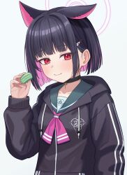 1girl absurdres animal_ears black_choker black_hair black_hoodie blue_archive blunt_bangs blunt_ends cat_ears choker collarbone colored_inner_hair commentary_request drawstring food green_sailor_collar hair_ornament hairclip halo highres holding holding_food hood hood_down hoodie kazusa_(blue_archive) light_blush macaron multicolored_hair neckerchief onemune6 pendant_choker pink_hair pink_halo pink_neckerchief red_eyes sailor_collar short_hair single_floppy_ear single_sidelock solo tsurime two-tone_hair upper_body white_background