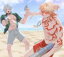 2boys 2girls abs aglaea_(honkai:_star_rail) alternate_costume antenna_hair arm_tattoo beach black_choker blonde_hair blue_sky braid chest_tattoo choker cipher_(honkai:_star_rail) closed_eyes commentary facial_tattoo floral_print_shirt gradient_hair hair_between_eyes happy holding holding_water_gun honkai:_star_rail honkai_(series) jewelry large_pectorals male_focus male_swimwear medium_hair multicolored_hair multiple_boys multiple_girls muscular muscular_male mydei_(honkai:_star_rail) necklace one_eye_closed open_clothes open_shirt parted_bangs patreon_username pectorals phainon_(honkai:_star_rail) red_hair red_male_swimwear red_swim_trunks red_tattoo short_hair side_braid sky sunglasses swim_trunks symbol-only_commentary tattoo water_gun white_hair white_male_swimwear yellow_eyes yoma_0_0