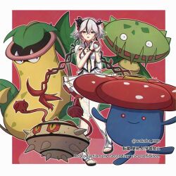 0roshioji3ran 1girl alternate_color black_eyes black_flower blake_bloom_(wuthering_waves) border breasts camellya_(wuthering_waves) carnivine clothing_cutout collar commentary_request crossover dress ferrothorn flower gen_1_pokemon gen_4_pokemon gen_5_pokemon hair_between_eyes hair_flower hair_ornament hair_vines highres holding holding_poke_ball looking_at_viewer navel nintendo pantyhose poke_ball pokemon pokemon_(creature) red_background shiny_pokemon short_hair single_leg_pantyhose small_breasts smile solo stomach_cutout toes victreebel vileplume white_border white_collar white_dress white_pantyhose wuthering_waves