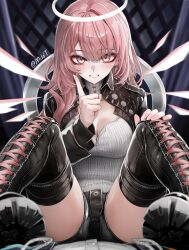 absurdres angel_wings arknights black_boots black_jacket black_shorts boots breasts halo highres index_finger_raised jacket large_breasts lemuen_(arknights) long_hair mildt pink_eyes pink_hair shirt short_shorts shorts thigh_boots thighs white_shirt wings