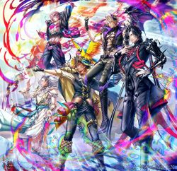 5boys abs animal armor artist_name belt bird black_boots black_gloves black_hair black_jacket black_pants blonde_hair boots bracelet braid brown_boots brown_hair cape cassian_floros chain closed_mouth clothing_cutout commentary dragon_wings feathers fingernails first_stage_production gale_galleon game_boy gloves gold_bracelet gold_thighlet gold_trim grey_nails hair_between_eyes hair_ornament hand_up handheld_game_console hat heart highres horns jacket jewelry jubako_(nest_of_boxes) lace-up_boots long_fingernails long_hair long_sleeves lucien_lunaris male_focus midriff multicolored_jacket multiple_boys muscular muscular_male navel outstretched_arm pants parrot pectorals pink_belt pink_hair pink_jacket pirate_hat pointy_ears purple_belt purple_eyes purple_horns purple_wings red_eyes rosco_graves shirt short_hair short_sleeves single_bare_shoulder smile stitched_face stitched_torso stitches sword tunic two-tone_jacket weapon white_hair white_shirt white_tunic wings yellow_cape yellow_eyes zander_netherbrand