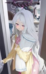 1girl absurdres ahoge bed blue_archive demon_girl demon_horns desk highres hina_(blue_archive) hina_(pajamas)_(blue_archive) horns hugging_object inu_lin jacket long_hair looking_at_viewer pajamas pillow pillow_hug pink_pajamas polka_dot polka_dot_pajamas purple_eyes solo standing white_hair yellow_jacket