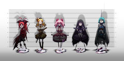 10s 5girls :3 akemi_homura akemi_homura_(magical_girl) apple arrow_(projectile) beret black_hair blonde_hair blue_hair bow bow_(weapon) bubble_skirt cape crazy crazy_eyes crossed_arms death drill_hair dual_wielding everyone food frown fruit gloves grin gun hair_bow hair_ornament hair_ribbon hairband hat highres holding ichi_(ichikai) kaname_madoka kaname_madoka_(magical_girl) kyubey lineup long_hair magical_girl magical_musket mahou_shoujo_madoka_magica mahou_shoujo_madoka_magica_(anime) miki_sayaka miki_sayaka_(magical_girl) mouth_hold mugshot multiple_girls open_mouth pantyhose pink_eyes pink_hair pocky polearm ponytail puffy_sleeves purple_eyes rape_face red_eyes red_hair ribbon rifle sakura_kyoko sakura_kyoko_(magical_girl) shadow sharp_teeth shield short_hair short_twintails skirt smile spear sword teeth tomoe_mami tomoe_mami_(magical_girl) twintails very_long_hair weapon white_eyes yellow_eyes