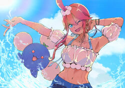 1girl ;d banapi0504 blue_eyes blue_shorts cloud collarbone commentary_request day eyelashes gen_2_pokemon hair_between_eyes hair_ornament happy highres jumpluff navel nintendo official_alternate_costume one_eye_closed one_side_up open_mouth outdoors outstretched_arm pokemon pokemon_(creature) pokemon_masters_ex red_hair shorts sidelocks sky skyla_(pokemon) skyla_(summer_2025)_(pokemon) smile stomach water water_drop wet wet_clothes