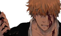 1boy bankai bleach blood blood_from_mouth blood_on_face blood_on_hands blood_on_neck brown_eyes close-up collarbone hair_between_eyes holding holding_sword holding_weapon injury kurosaki_ichigo looking_at_viewer one_eye_closed open_mouth orange_hair peppertea solo sword teeth tensa_zangetsu_(bankai) torn_clothes weapon white_background