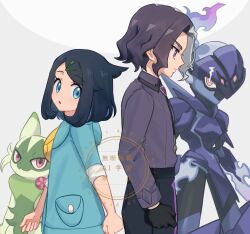 1boy 1girl amethio_(pokemon) black_gloves black_hair blue_eyes ceruledge closed_mouth collared_shirt colored_inner_hair commentary_request floragato gen_9_pokemon gloves hair_ornament hairclip hood hood_down hooded_jacket jacket liko_(pokemon) looking_to_the_side multicolored_hair nintendo nm222 pants pokemon pokemon_(anime) pokemon_(creature) pokemon_horizons purple_eyes shirt short_hair swept_bangs watermark yellow_bag