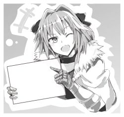 1boy arm_guards armor armored_gloves astolfo_(fate) black_bow bow braid cloak crossdressing emblem fate/apocrypha fate/grand_order fate_(series) fur-trimmed_cloak fur_trim greyscale hair_bow hair_intakes monochrome multicolored_hair multiple_hair_bows original sign single_braid streaked_hair trap urakata_(eno)