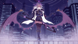 1girl black_coat black_gloves black_halo black_skirt black_thighhighs blue_archive breasts coat coat_on_shoulders demon_girl demon_horns demon_wings full_body gloves gun halo highres hina_(blue_archive) holding holding_gun holding_weapon horns looking_at_viewer lyoung0j machine_gun mg42 purple_eyes skirt small_breasts solo standing thighhighs weapon wings