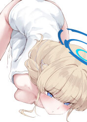 1girl absurdres awnw blue_archive blue_eyes blue_halo blush braid breast_press breasts cleavage commentary_request female_masturbation hair_intakes half_up_braid halo highres long_hair masturbation medium_breasts pussy_juice shirt simple_background solo thighs toki_(blue_archive) top-down_bottom-up white_background white_shirt