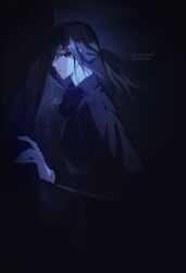 1boy black_eyes black_hair black_hanfu chinese_clothes curtains gzgzmym hair_between_eyes hanfu highres long_hair long_sleeves low_ponytail male_focus mole mole_under_eye ponytail string tianguan_cifu watermark yin_yu