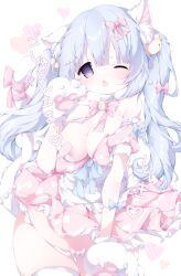 Rule 34 | 1girl, animal ear fluff, animal ears, animal hands, apron, bare shoulders, bell, blue bow, blue choker, blue eyes, blue hair, blush, bow, breasts, cat ears, cat girl, cat tail, choker, cleavage, covered erect nipples, dress, gloves, hair bell, hair between eyes, hair ornament, hamada pengin, highres, large breasts, long hair, looking at viewer, neck bell, one eye closed, open mouth, original, panties, paw gloves, pink bow, pink dress, purple eyes, short dress, solo, tail, thighhighs, twintails, underwear, white apron, white background, white panties, white thighhighs