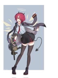 1girl :d alternate_costume angel arknights black_boots black_coat black_hairband black_skirt black_thighhighs blue_archive boots coat coat_on_shoulders collared_shirt commentary_request contrapposto corrupted_twitter_file demon_horns demon_tail detached_wings dress_shirt energy_wings eotech exusiai_(arknights) fake_horns full_body gun hair_over_one_eye hairband halo highres holding holding_gun holding_weapon horn_hairband horns korean_commentary kriss_vector long_sleeves looking_at_viewer medium_hair open_clothes open_coat open_mouth parted_bangs red_eyes red_hair shirt signature skirt smile solo standing submachine_gun suppressor tail teeth thighhighs upper_teeth_only weapon white_shirt wings xwing47
