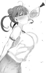 Rule 34 | 1girl, blush, bouncing breasts, bread eating race, breasts, closed eyes, commentary request, double bun, gym shirt, gym shorts, gym uniform, hair bun, idolmaster, idolmaster shiny colors, large breasts, long hair, monochrome, motion blur, motion lines, mouth hold, shirt, short sleeves, shorts, shotan, simple background, solo, sonoda chiyoko, sports festival, twintails, white background