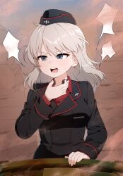 Rule 34 | 1girl, black hat, black jacket, blue eyes, commentary, day, dress shirt, garrison cap, girls und panzer, grey hair, hand on own neck, hat, highres, insignia, itsumi erika, jacket, kuromorimine military uniform, long sleeves, medium hair, military hat, military uniform, open mouth, outdoors, red shirt, shirt, shisum, solo, sweatdrop, tank cupola, throat microphone, wing collar