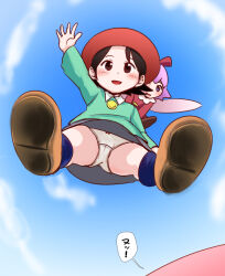 1boy 2girls adeleine alien beret black_eyes black_hair black_socks blue_eyes blush bow bow_panties brown_shoes cloud colored_skin crotch_seam dokuna dress flat_chest floating from_below green_shirt grey_skirt hair_bow hat kirby kirby_(series) kirby_64 loli long_sleeves looking_at_viewer multiple_girls nintendo open_mouth panties pink_hair pink_skin red_bow red_dress red_hat ribbon_(kirby) shirt shoes short_hair skirt sky smile socks speech_bubble underwear upskirt waving white_panties