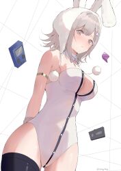 Rule 34 | 1girl, absurdres, animal ears, bare shoulders, black thighhighs, blush, bow, breasts, cleavage, cowboy shot, danganronpa (series), danganronpa 2: goodbye despair, detached collar, fake animal ears, handheld game console, highres, large breasts, leotard, nanami chiaki, neck ribbon, phare (spring ha1ru), pink bow, pink eyes, pink ribbon, playboy bunny, rabbit ears, ribbon, solo, spaceship hair ornament, thighhighs, white background
