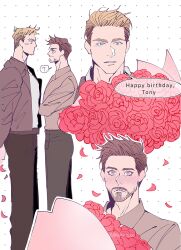 2boys ? artist_name avengers_(series) black_pants blonde_hair blue_eyes blush blush_stickers bouquet brown_eyes brown_hair collared_shirt commentary english_text facial_hair flower grey_jacket grey_shirt happy_birthday highres holding holding_bouquet jacket long_sleeves looking_at_another male_focus marvel marvel_cinematic_universe mcnn0000 multiple_boys multiple_views no_mouth open_clothes open_jacket pants petals pink_flower pink_rose polka_dot polka_dot_background rose shirt short_hair speech_bubble spoken_question_mark standing steve_rogers symbol-only_commentary t-shirt teeth tony_stark upper_body white_background white_shirt yaoi