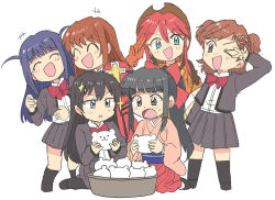 6+girls ^_^ aijou_karen black_eyes black_hair black_jacket black_skirt blazer blue_eyes blue_hair bow bowtie brown_hair chibi closed_eyes collared_shirt cowboy_hat crossover dress erica_fontaine closed_eyes freckles gemini_sunrise gloves hat jacket japanese_clothes juliet_sleeves kagura_hikari kimono laughing long_sleeves multiple_girls one_eye_closed open_mouth orange_gloves orange_jacket pink_kimono ponytail puffy_sleeves red_bow red_bowtie red_dress sakura_taisen sakura_taisen_iii sakura_taisen_v salute school_uniform shinguuji_sakura shirt shoujo_kageki_revue_starlight skirt sparkle_hair_ornament symbol-only_commentary tearing_up tsubobot tsuyuzaki_mahiru two_side_up v v-shaped_eyebrows white_background white_shirt
