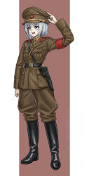 1girl absurdres arm_up armband belt black_belt black_boots blue_eyes boots breasts brown_background brown_hat brown_jacket brown_pants commission epaulettes full_body green_necktie green_shirt hat highres holster huihuang_rongyao insignia jacket knee_boots lapels long_sleeves military military_jacket military_uniform mixed-language_commentary necktie open_mouth original pants peaked_cap pin red_armband shirt short_hair signature simple_background small_breasts solo standing teeth upper_teeth_only white_background white_hair
