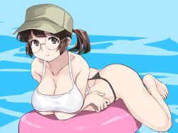 1girl ass barefoot baseball_cap black_panties breasts brown_eyes brown_hair cleavage collarbone crop_top female_focus fio_germi full_body glasses hat highres large_breasts looking_at_viewer lying matching_hair/eyes metal_slug on_stomach panties ponytail round_eyewear shirt sidelocks smile snk solo tank_top themanyoukilled underwear water white_shirt