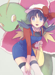 1girl :d black_hair blue_eyes blue_overalls bow earrings game_freak gen_2_pokemon hat hat_bow highres jewelry kris_(pokemon) leaning_forward long_hair long_sleeves looking_to_the_side low_twintails meganium nintendo open_mouth overall_shorts overalls pokemon pokemon_(creature) pokemon_adventures red_bow red_shirt shirt smile star_(symbol) star_earrings thighhighs twintails white_hat white_thighhighs yui_ko zettai_ryouiki