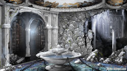 arch bookshelf broken_pillar broken_wall bungou_to_alchemist chain copyright_notice crack dome fountain icicle indoors library no_humans official_art pillar rubble ruins scenery snow snowing stairs